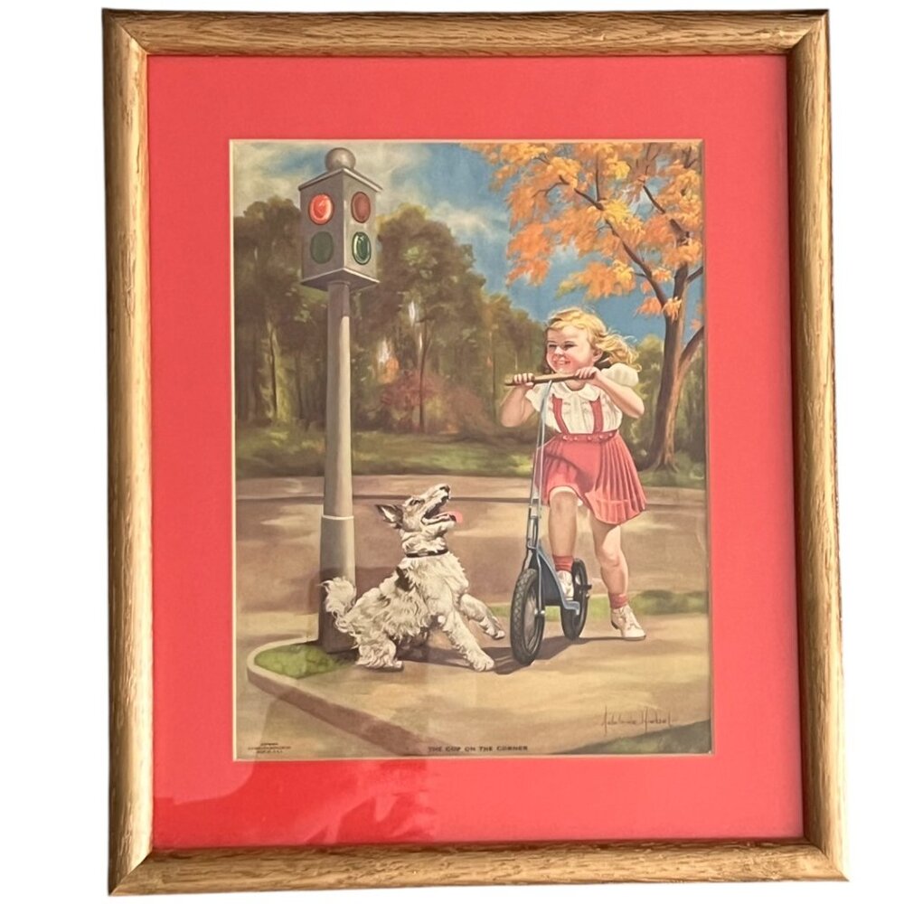 Vtg MCM Adelaide Hiebel Print "Cop on the Corner" with Gold Frame & Orange Mat